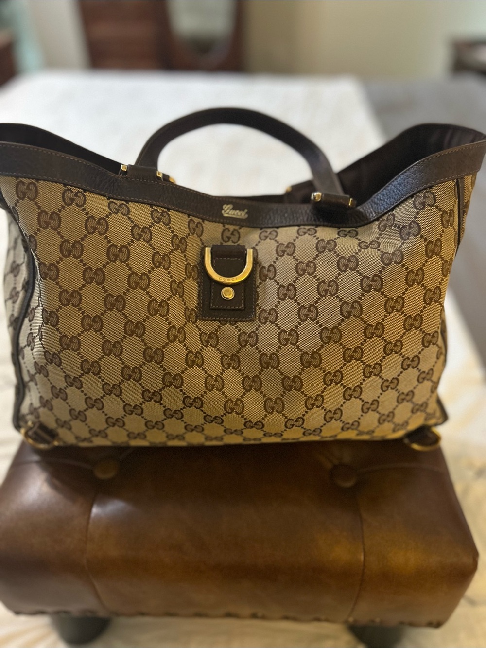 Gucci Beige and Brown GG Canvas Tote with Dark Brown Leather Trim